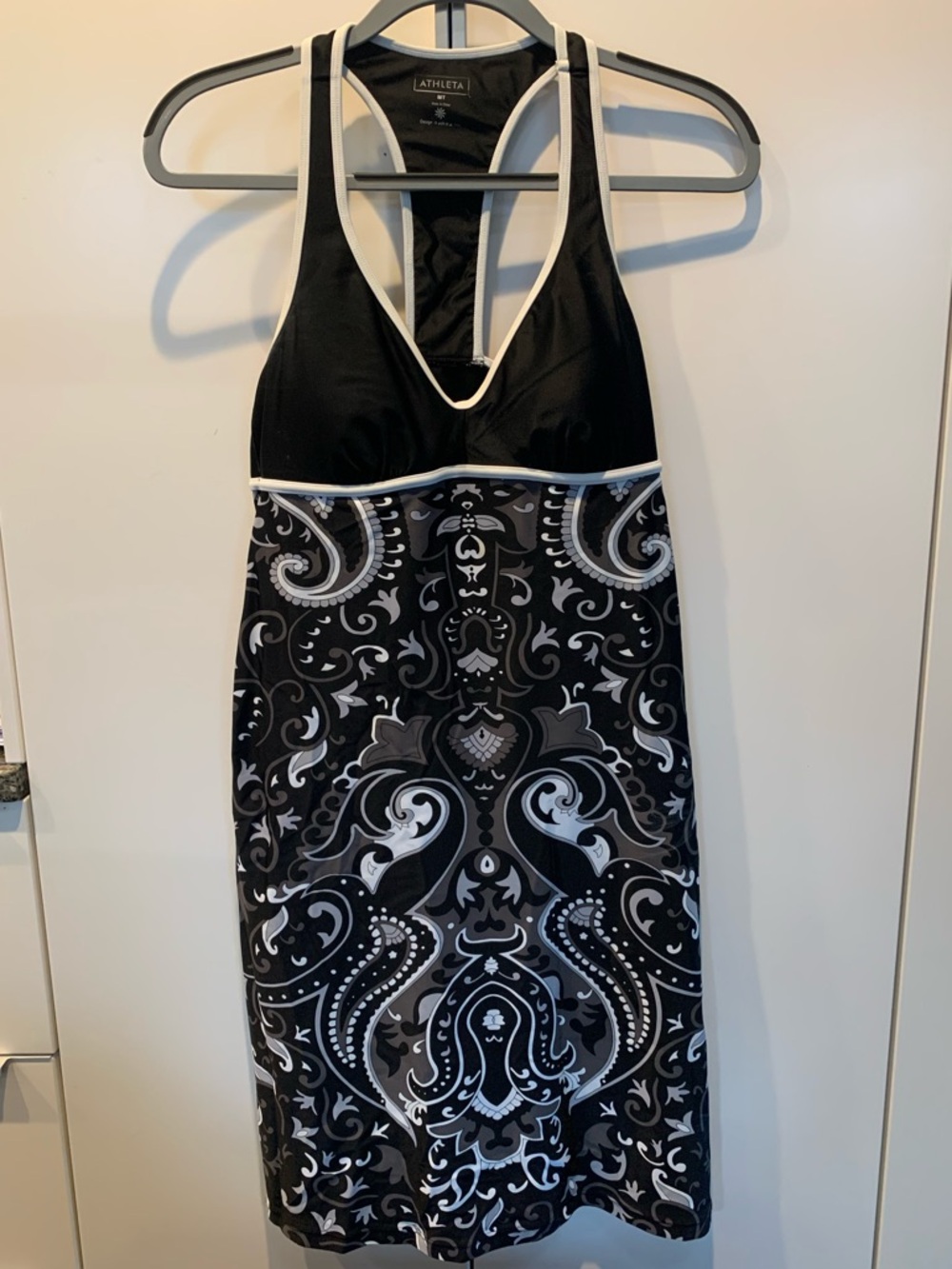 Athleta Black and White Patterned Dress with Contrast Trim